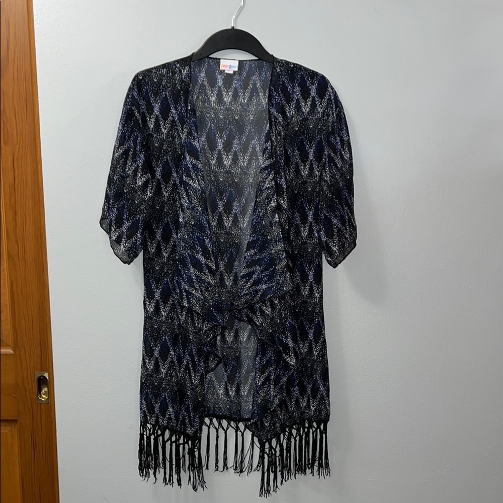 Chic Black and Blue Patterned Fringe Kimono